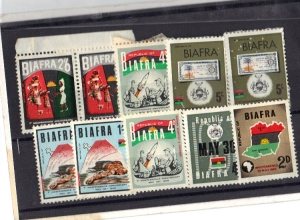A collection of Biafran stamps.